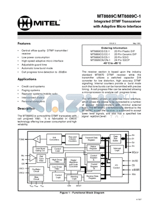 MT8889CS-1 datasheet - Integrated DTMFTransceiver with Adaptive Micro Interface