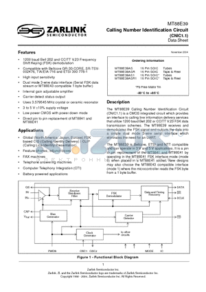 MT88E39ASR datasheet - Calling Number Identification Circuit