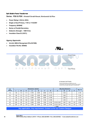 PDX-012-36 datasheet - Split Bobbin Power Transformer