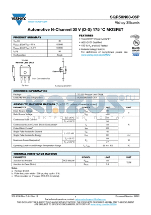 SQR50N03-06P datasheet - Automotive N-Channel 30 V (D-S) 175 `C MOSFET