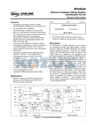 MT88E46AS datasheet - Bellcore Compliant Calling Number Identification Circuit