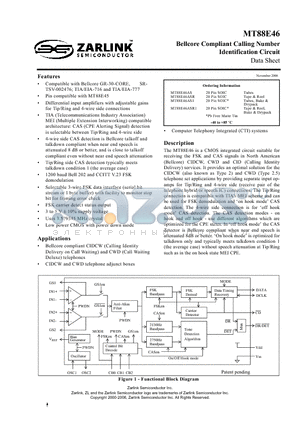 MT88E46AS datasheet - Bellcore Compliant Calling Number Identification Circuit