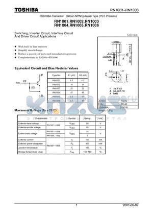 RN1006 datasheet - Switching, Inverter Circuit, Interface Circuit And Driver Circuit Applications