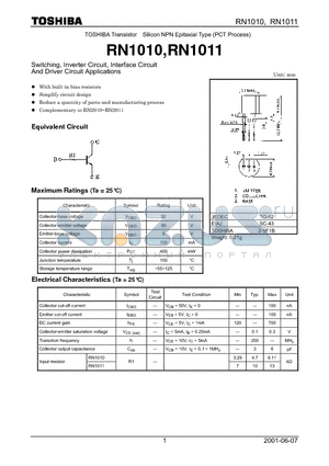 RN1011 datasheet - TOSHIBA Transistor Silicon NPN Epitaxial Type (PCT Process)