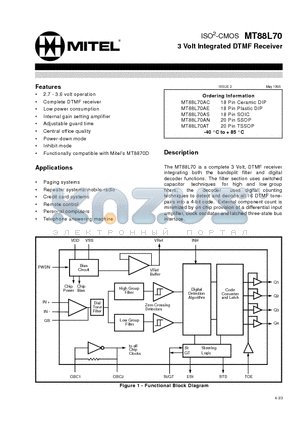MT88L70AC datasheet - 3 Volt Integrated DTMF Receiver