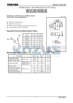 RN1101 datasheet - Switching, Inverter Circuit, Interface Circuit And Driver Circuit Applications