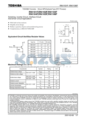 RN1101F datasheet - SWITCHING ,INVERTER CIRCUIT,INTERFACE CIRCUIT AND DRIVER CIRCUIT APPLICATIONS