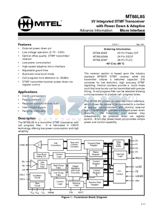 MT88L85 datasheet - 3V Integrated DTMFTransceiver with Power Down & Adaptive Micro Interface