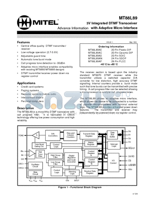 MT88L89AC datasheet - 3V Integrated DTMFTransceiver with Adaptive Micro Interface
