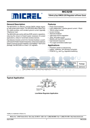MIC5258-1.2YM5 datasheet - 150mA lCap CMOS LDO Regulator w/Power Good