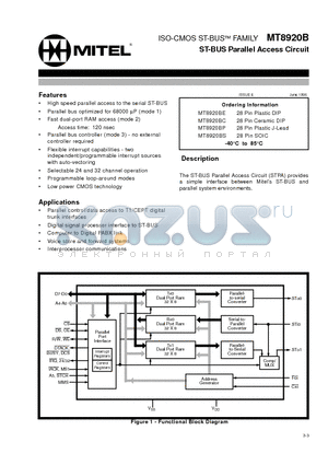 MT8920 datasheet - ISO-CMOS ST-BUS FAMILY ST-BUS Parallel Access Circuit