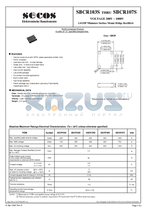 SBCR105S datasheet - VOLTAGE 200V ~ 1000V 1.0AMP Miniature Surface Mount Bridge Rectifiers