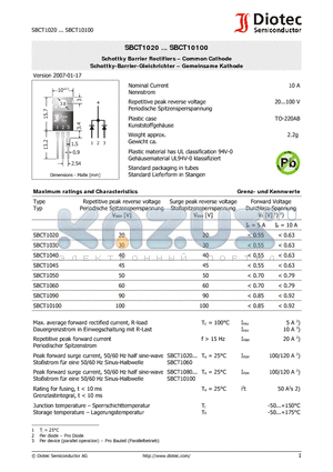 SBCT1030 datasheet - Schottky Barrier Rectifiers - Common Cathode