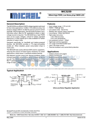 MIC5259-2.85BML datasheet - 300mA High PSRR, Low Noise UCap CMOS LDO