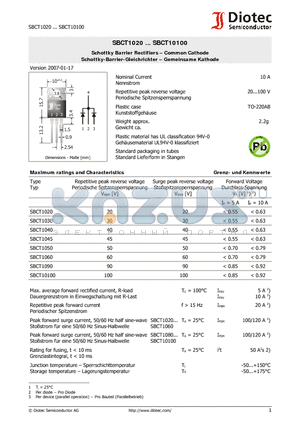 SBCT1050 datasheet - Schottky Barrier Rectifiers - Common Cathode