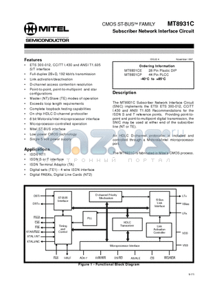 MT8931C datasheet - CMOS ST-BUS FAMILY Subscriber Network Interface Circuit Preliminary Information