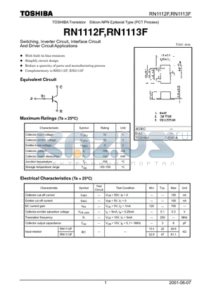 RN1113F datasheet - Switching, Inverter Circuit, Interface Circuit And Driver Circuit Applications