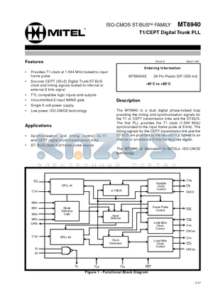 MT8940 datasheet - ISO-CMOS ST-BUS FAMILY T1/CEPT Digital Trunk PLL