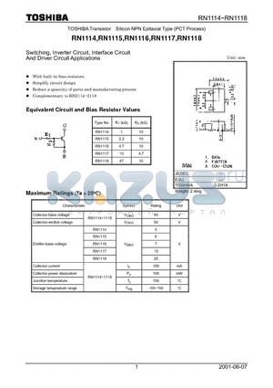 RN1114 datasheet - Switching, Inverter Circuit, Interface Circuit And Driver Circuit Applications