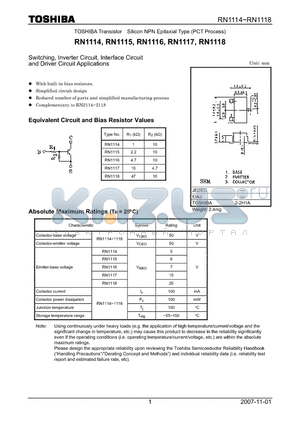 RN1114 datasheet - Switching, Inverter Circuit, Interface Circuit and Driver Circuit Applications