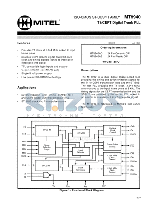 MT8940AE datasheet - T1/CEPT Digital Trunk PLL