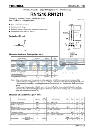 RN1211 datasheet - Switching, Inverter Circuit, Interface Circuit And Driver Circuit Applications