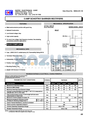 SBDA-501-1B datasheet - 5 AMP SCHOTTKY BARRIER RECTIFIERS