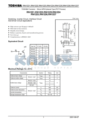 RN1222 datasheet - TOSHIBA Transistor Silicon NPN Epitaxial Type (PCT Process)