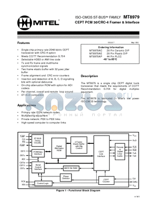 MT8979 datasheet - ISO-CMOS ST-BUS FAMILY CEPT PCM 30/CRC-4 Framer & Interface