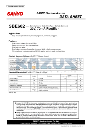 SBE602 datasheet - Schottky Barrier Diode (Twin Type  Cathode Common) 30V, 70mA Rectifier