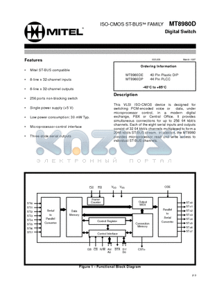 MT8980 datasheet - ISO-CMOS ST-BUS FAMILY Digital Switch