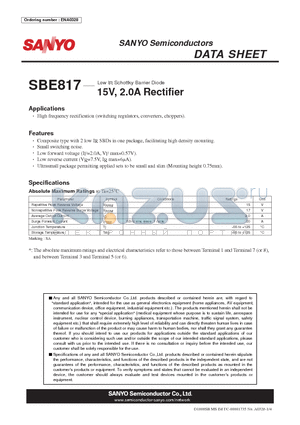 SBE817 datasheet - Low IR Schottky Barrier Diode 15V, 2.0A Rectifier