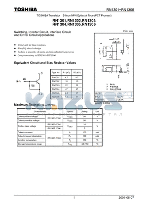 RN1303 datasheet - Switching, Inverter Circuit, Interface Circuit And Driver Circuit Applications