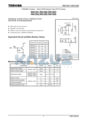 RN1304 datasheet - Switching, Inverter Circuit, Interface Circuit And Driver Circuit Applications
