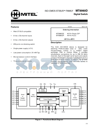 MT8980D-1 datasheet - ISO-CMOS ST-BUS FAMILY Digital Switch