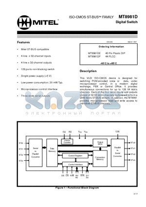 MT8981DP datasheet - ISO-CMOS ST-BUS FAMILY Digital Switch