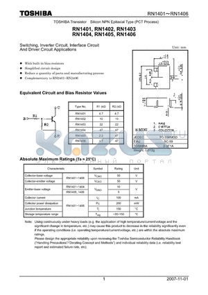 RN1401 datasheet - Switching, Inverter Circuit, Interface Circuit And Driver Circuit Applications