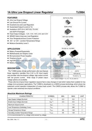 TJ3964D-1.2 datasheet - 1A Ultra Low Dropout Linear Regulator