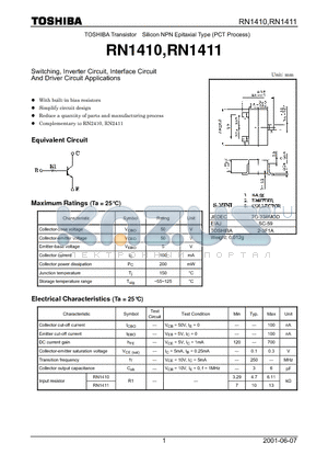 RN1411 datasheet - TOSHIBA Transistor Silicon NPN Epitaxial Type (PCT Process)