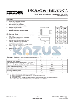 SMCJ22CA-13-F datasheet - 1500W SURFACE MOUNT TRANSIENT VOLTAGE SUPPRESSOR