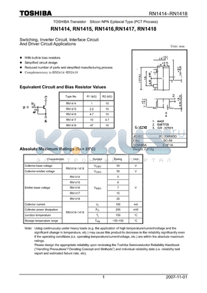 RN1417 datasheet - Silicon NPN Epitaxial Type (PCT Process) Switching, Inverter Circuit, Interface Circuit And Driver Circuit Applications