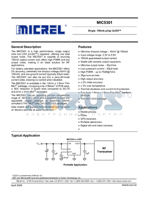 MIC5301-1.3YD5 datasheet - Single, 150mA lCap ULDO