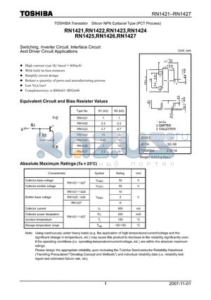 RN1421 datasheet - Silicon NPN Epitaxial Type (PCT Process) Switching, Inverter Circuit, Interface Circuit And Driver Circuit Applications