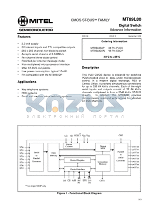 MT89L80AP datasheet - CMOS ST-BUS FAMILY Digital Switch