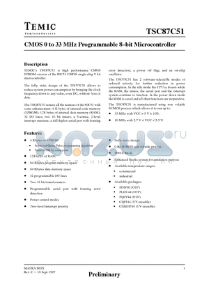 TSC87C51-25MGMQ datasheet - CMOS 0 to 25 MHz Programmable 8-bit Microcontroller