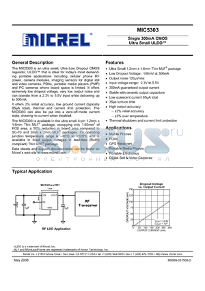 MIC5303-2.1YMT datasheet - Single 300mA CMOS Ultra Small ULDO