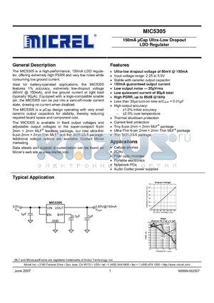 MIC5305-1.5YML datasheet - 150mA lCap Ultra-Low Dropout LDO Regulator