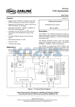 MT9040 datasheet - T1/E1 Synchronizer
