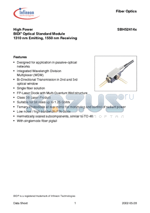 SBH52414Z datasheet - High Power BIDI Optical Standard Module 1310 nm Emitting, 1550 nm Receiving