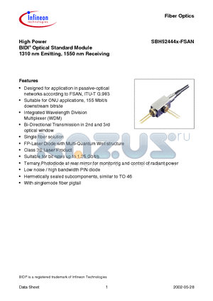 SBH52444P-FSAN datasheet - High Power BIDI Optical Standard Module 1310 nm Emitting, 1550 nm Receiving